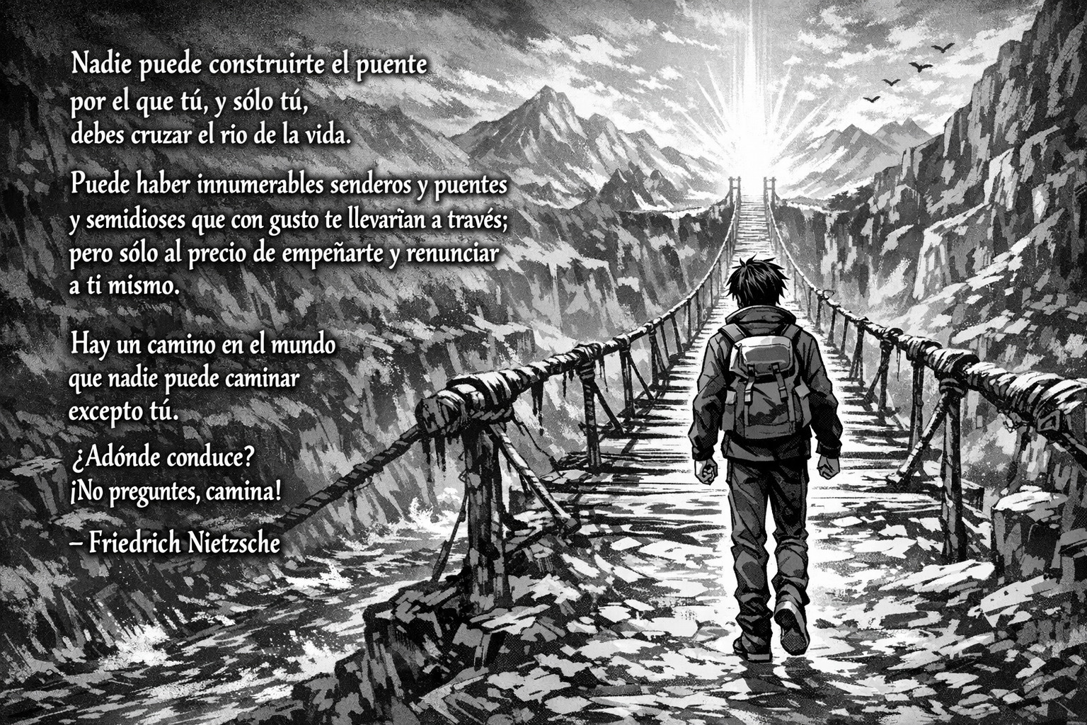 Ilustración en blanco y negro de una persona caminando hacia un puente de montaña con una cita sobre cruzar el río de la vida